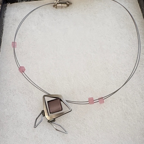 New ! Silver and Pink Handmade Geometric Necklace and Earrings Set - Picture 2 of 4